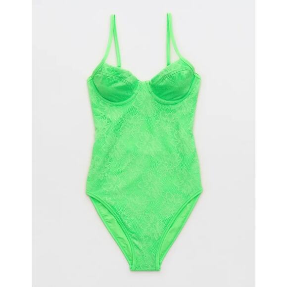Aerie Lace Underwire One Piece Swimsuit neon green cutout back sz small - Picture 3 of 10